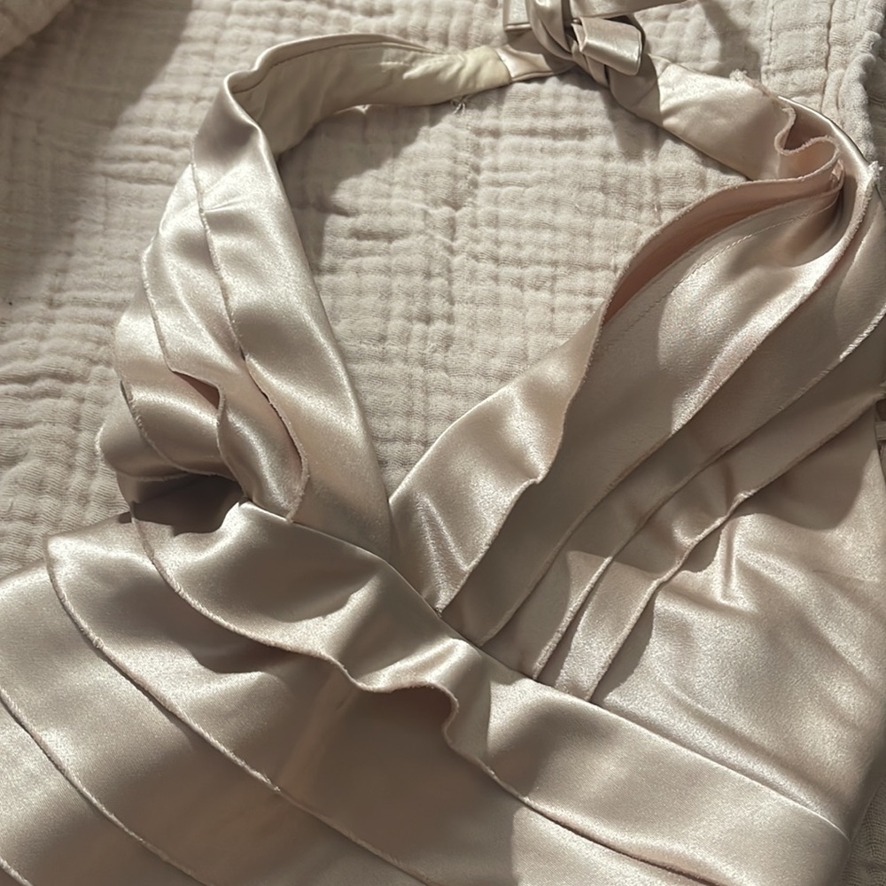 Silky pleated ruffled dress. Beige tan color